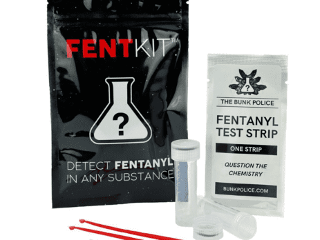 FentKit with 10 fentanyl test strips, instructions, and measuring tools.