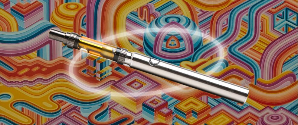 A vape pen with a halo effect on a colorful DMT art background.