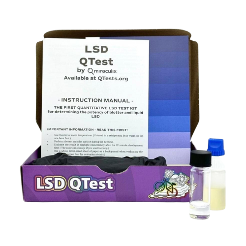 A purple LSD QTest kit with instructions, vials, and color chart to test for pure LSD.