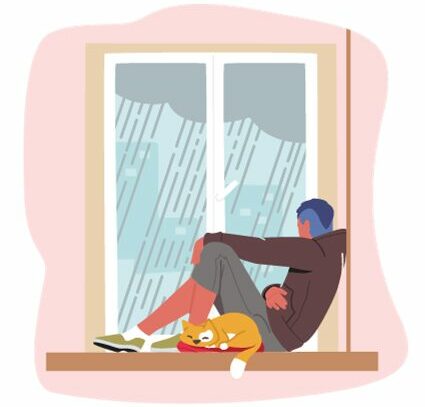 A cartoon representation of Seasonal Affective Disorder, showing a male sitting on a window sill with rain outside, and an orange dog curled up next to him.