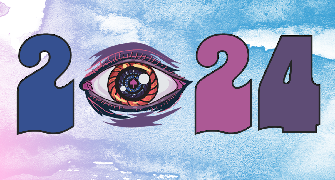 Trippy 2024 graphic on a pastel background, with an eye replacing the "0", with a mushroom as the pupil.