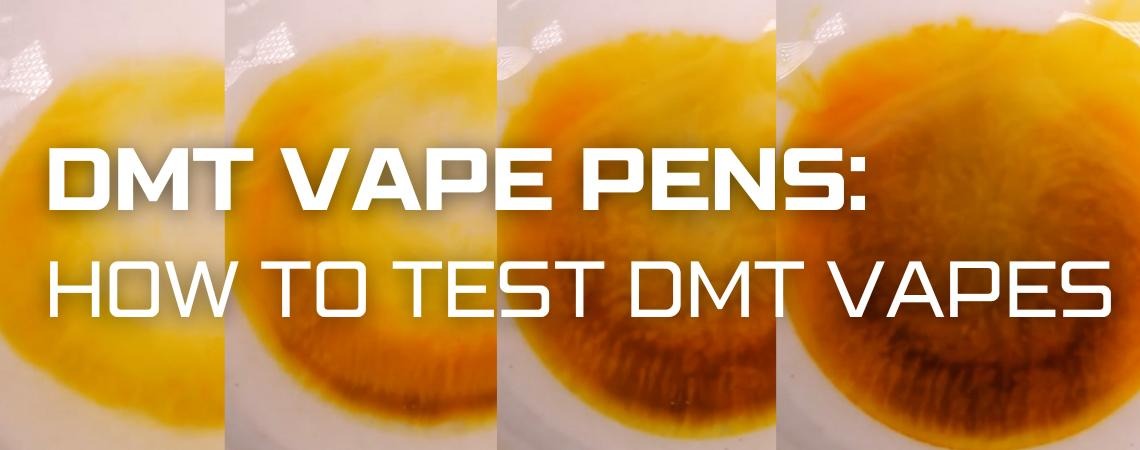 A yellow and orange four-panel time lapse of a DMT vape liquid test, at multiple intervals during a sixty second period.