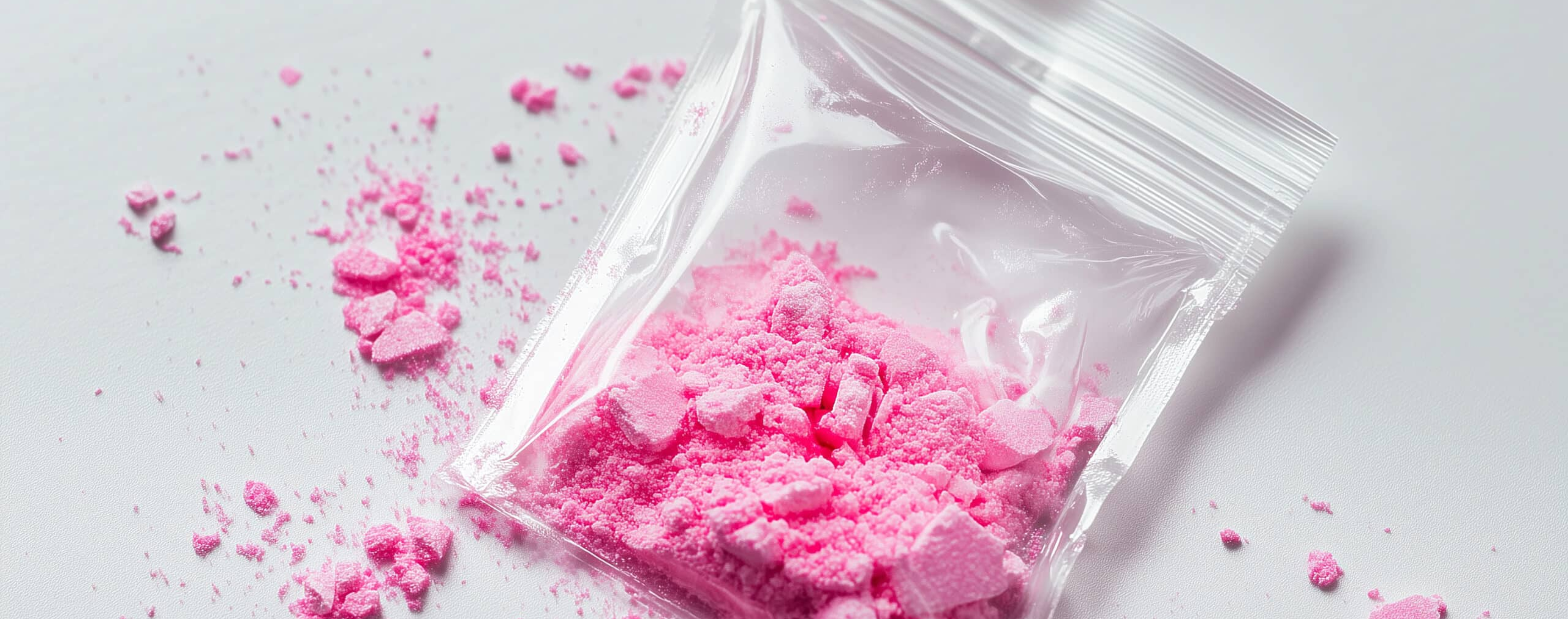Stylized image of pink cocaine / tusi in a clear plastic baggie on a gray background