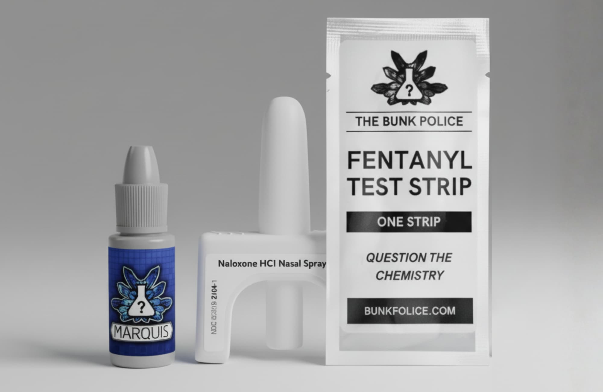 reagent test kits alongside fentanyl test strips and narcan